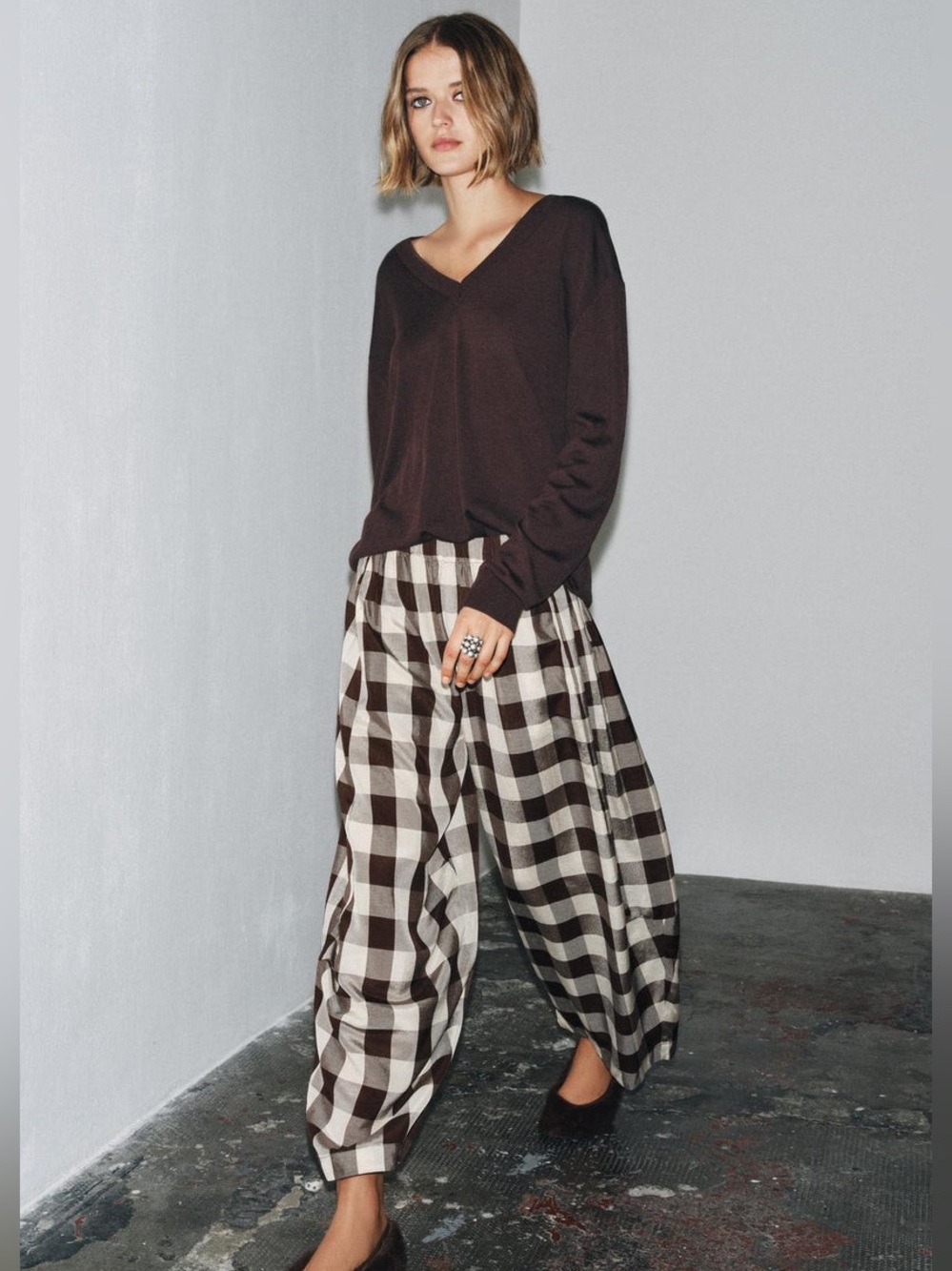 Zara ZW Collection Brown & Cream Gingham Check Wide Leg Trousers. Size small.